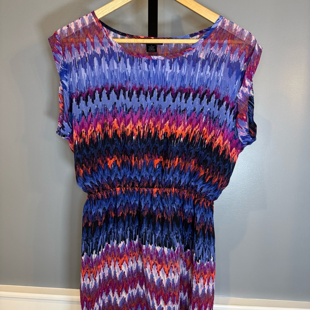 AQUA Ikat Print Dress Medium Multicolor Sheer Overlay Elastic‎ Waist Mini - Picture 2 of 7
